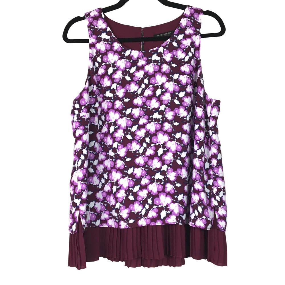 Banana Republic Floral Pleated Hem Sleeveless Blouse L Burgundy Purple